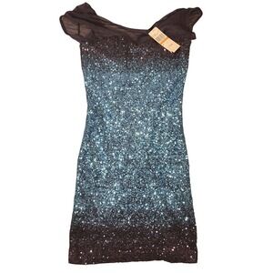 Speechless Dress Juniors 3 Navy Turquoise Sequin Ombre Mesh Bodycon Cocktail‎